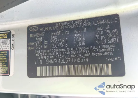 2007 Hyundai Santa Fe Gls z USA, uszkodzony, nr VIN 5NMSG13D37H106574